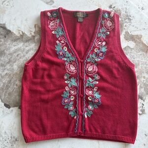 Vintage 90s Eddie Bauer Red Floral Embroidered V‑Neck Sweater Vest